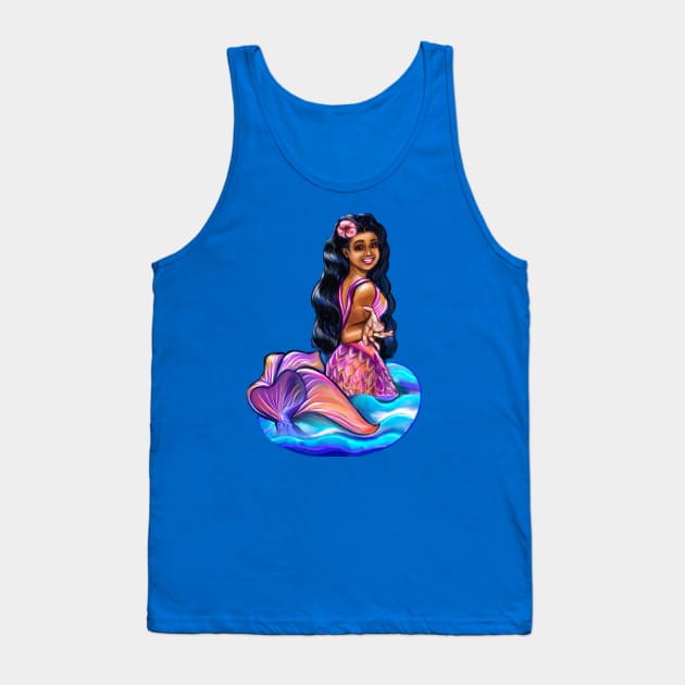 Mermaid Pacific princess  2 with rainbow coloured colored fins, hibiscus, outstretched  arm, brown eyes, Curly hair  and caramel brown skin - light background Tank Top by Artonmytee